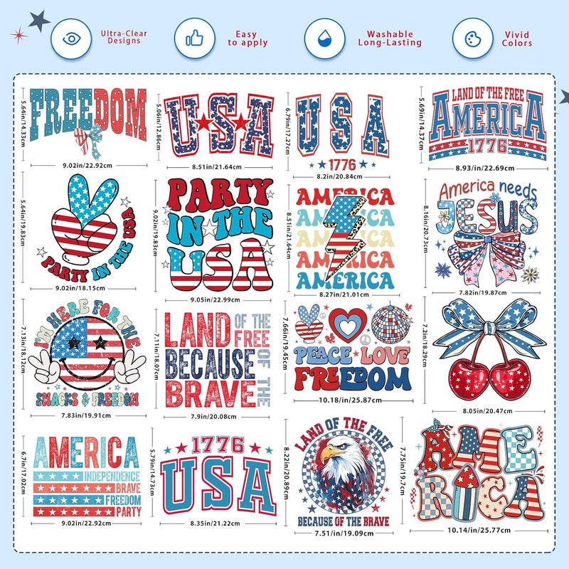 HTVSTD 32 Sheets 4th of July Iron on Transfers Independence Day DTF Transfers Ready to Press American Flag Iron on Decals for T-Shirts Heat Transfer Vinyl Iron on Decals for DIY Patches Decals - Image 3